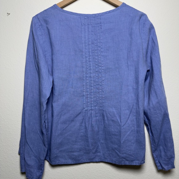Flax Women 100% Linen Button Front Long Sleeve Blouse Top Blue Petite Lagenlook - Picture 7 of 8